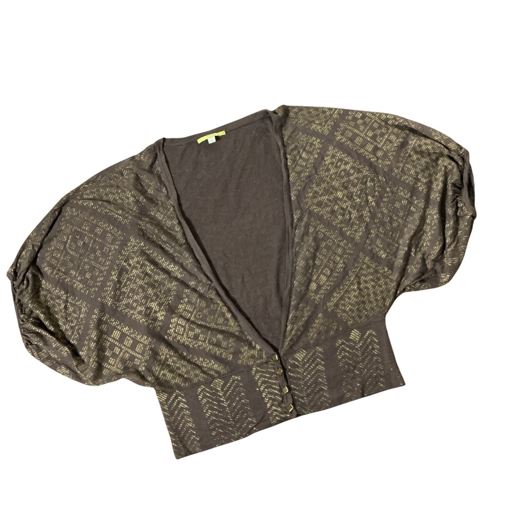 Gianni Bini Metallic Gold Silk Knit Cardigan Womens M Brown Dolman Cropped Boho